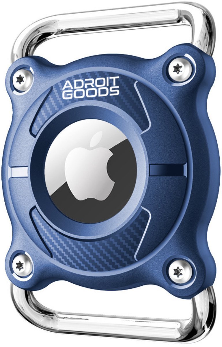 Blauwe stevige houder met metallic frame en zichtbaar Apple-logo aan voorkant
