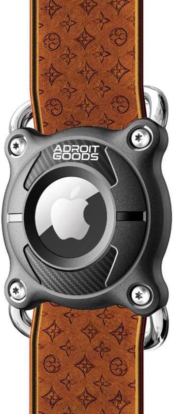 Zwarte houder met AdroitGoods logo en bruine band met patroon en zilverkleurige gespen