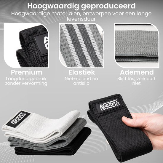 Set ademende en elastische banden in verschillende kleuren met AdroitGoods logo, hand houdt zwarte band vast