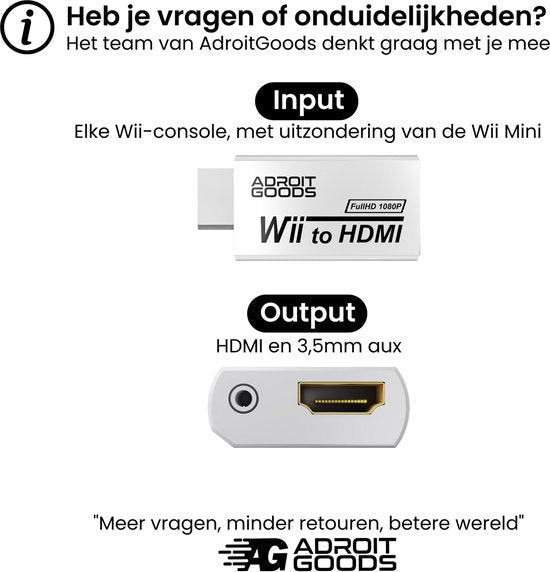 Adapter voor Wii naar HDMI en 3,5mm aux aansluiting met informatie van AdroitGoods team