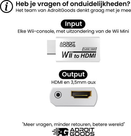Adapter voor Wii naar HDMI en 3,5mm aux aansluiting met informatie van AdroitGoods team