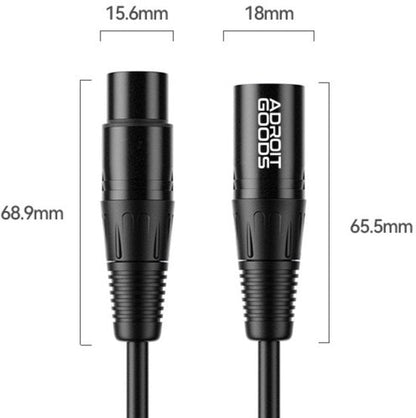 Zwarte AdroitGoods audiokabel met mannelijke en vrouwelijke connector, afmetingen weergegeven.