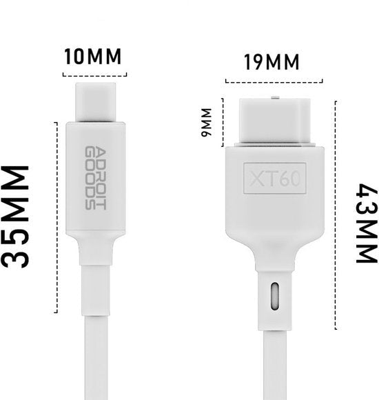Afmetingen van USB-C naar XT60 kabelconnector met maatvoering in millimeters