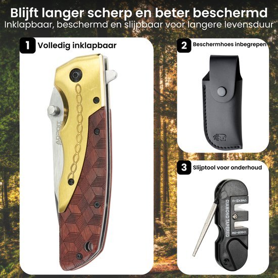 Inklapbaar mes met houten handgreep, beschermhoes en slijptool voor onderhoud