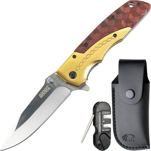 Vouwmes met houten handgreep, gouden metalen accenten, zwarte leren hoes en messing slijper.