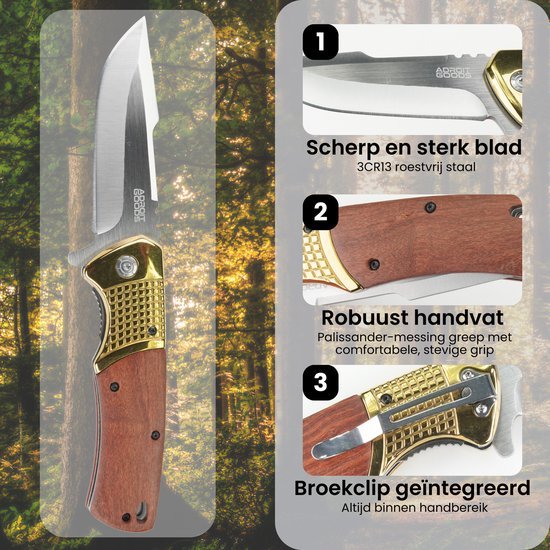 Opvouwbaar zakmes met scherp roestvrij staal blad en houten handvat met broekclip