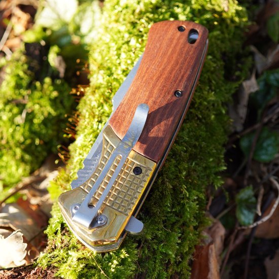 Opgevouwen zakmes met houten handvat en metalen clip ligt op groene mosachtige ondergrond buiten.