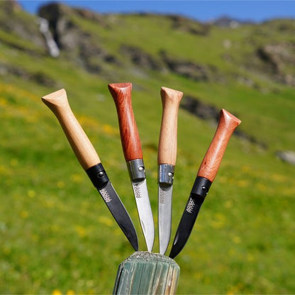 Vier verschillende messen met houten handvaten gesteekt in een paal tegen een groene bergachtergrond