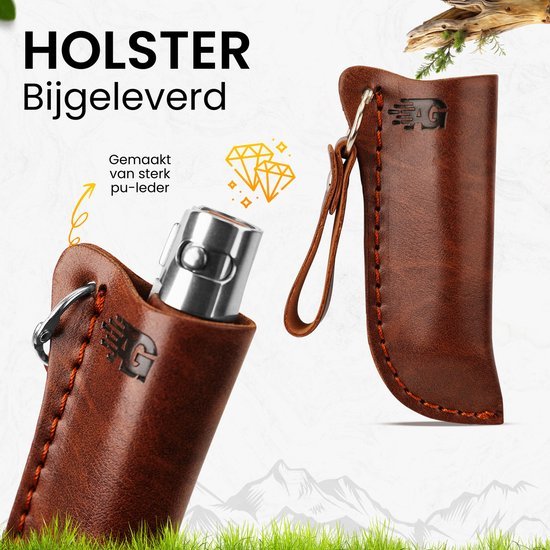 Bruine leren houder met donker stiksel en metalen clip voor een klein object