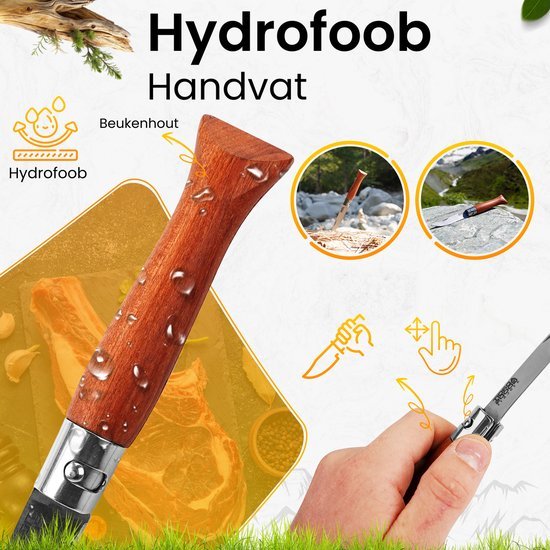 Beukenhouten hydrofoob handvat met waterdruppels en gebruik in natuursettings zichtbaar