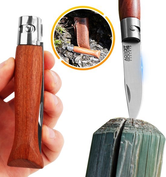 Handzaam houtkleurig zakmes met roestvrijstalen lemmet en leren hoes buitengebruik.