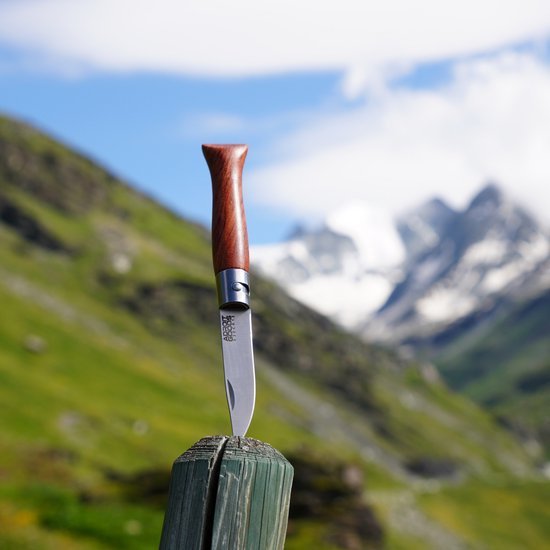 Mes met houten handvat dat in een paal in een bergachtig landschap is gestoken.