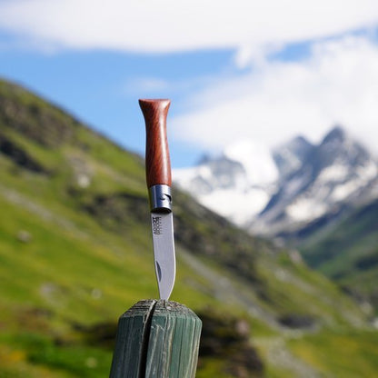 Mes met houten handvat dat in een paal in een bergachtig landschap is gestoken.
