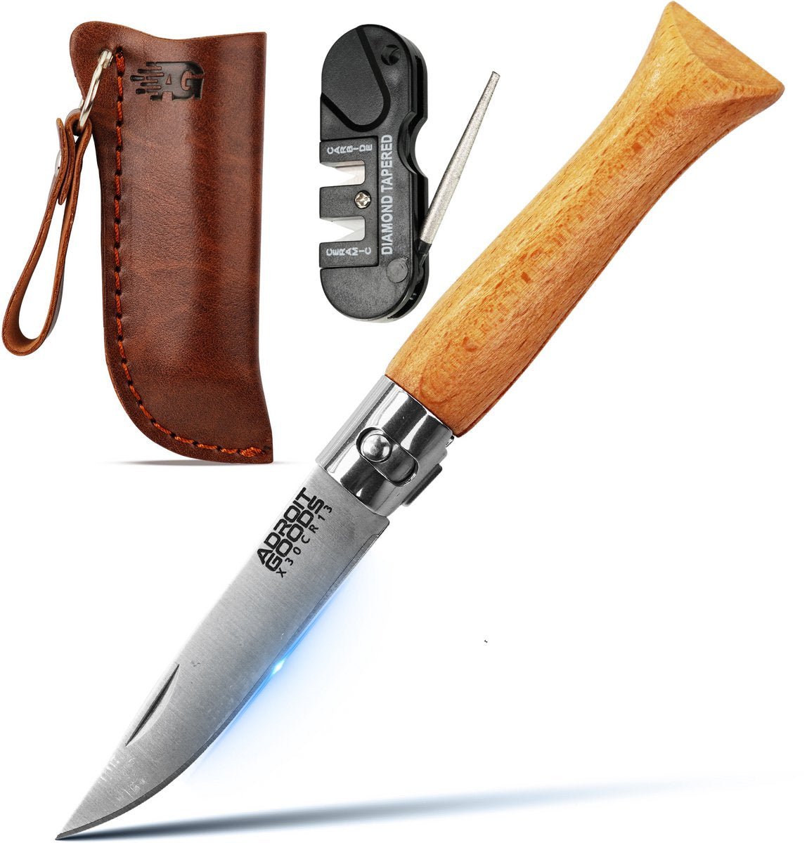 Vouwmes met houten handvat, leren schede en zwart messenslijper met diamantcoating.