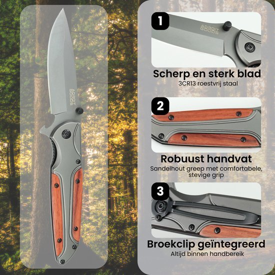 Open zakmes met roestvrijstalen lemmet en handvat van sandelhout met broekclip
