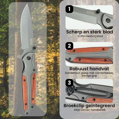 Open zakmes met roestvrijstalen lemmet en handvat van sandelhout met broekclip