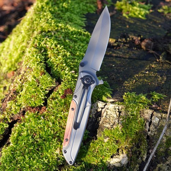 Opvouwbaar mes met houten handvat ligt op een met mos bedekte boomstronk in het bos