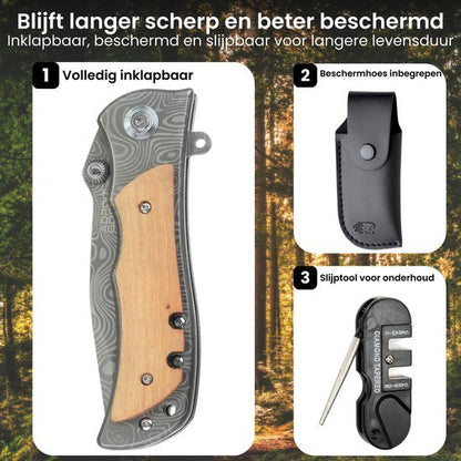 Inklapbaar mes met houten handvat, beschermhoes en slijptool voor onderhoud