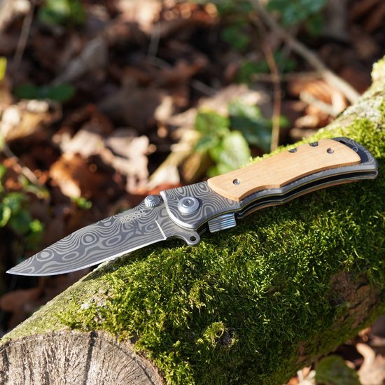 Opengeslagen mes met houtgreep en gegraveerd lemmet op mosgroene boomstam in natuur