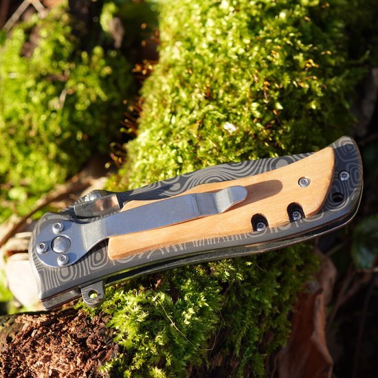 Opgevouwen zakmes met hout en metaal gespen, liggend op groen mos in zonlicht.