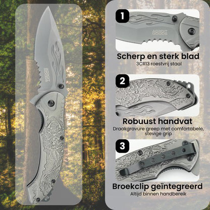 Opvouwbaar zakmes met gedetailleerd reliëf en geïntegreerde broekclip voor stevig gebruik